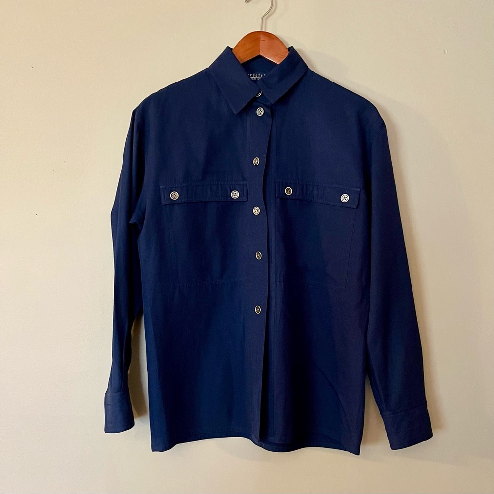 Nordstrom Individualist Silk Cotton Button Front Shirt Small Navy Blue